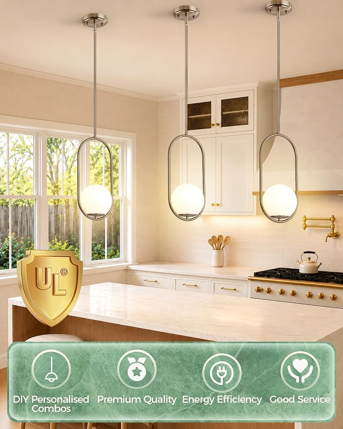 Majade Pendant Lights Kitchen Island, Mid Century Modern Pendant Light Fixtures, 2 Pack Champagne Bronze Globe Glass Pendant Lighting, Brass Chandelier Adjustable Hanging Light for Kitchen Island