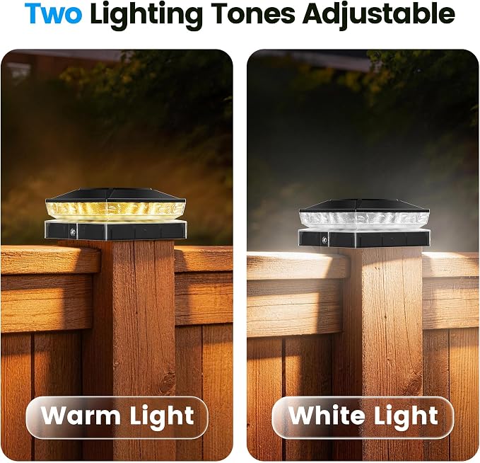 Solar Post Cap Lights 2 Pack, Post Lights for 4x4 Wood/Vinyl Posts | 3.5x3.5/4x4 Fence Post Solar Lights, IP65 Waterproof, 10-12H Upgraded Warm/Cool White Glow for Garden/Patio/Porch - Black