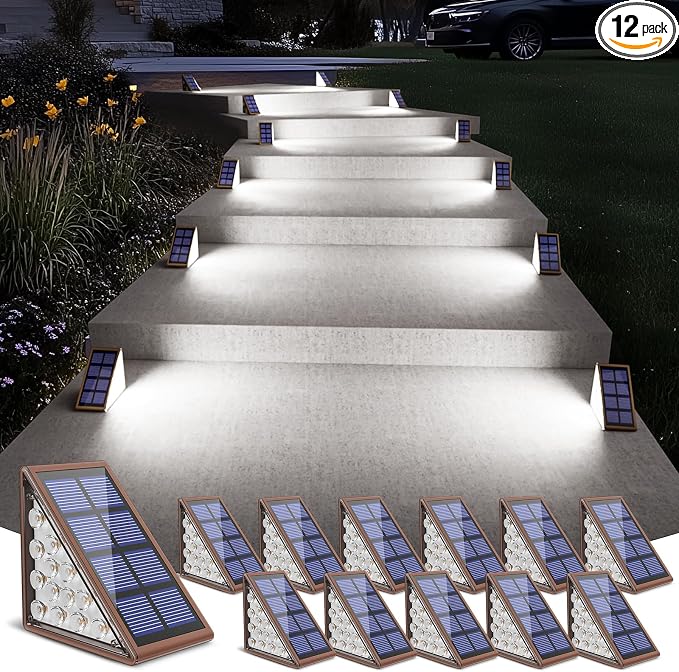Solar Stair Lights,Cool White Outdoor Step Lights IP67 Waterproof Auto On Off, Outdoor Stair Lights for Steps,Stair,Patio,Yard,Porch,Front Door,Sidewalk,Deck Decor（Brown, 12 Pack）