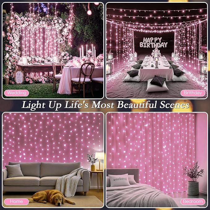 200 LED Pink Curtain String Lights 9.8x6.6FT, Plug in Fairy Lights, 9 Hooks, Dimmable Timer 8 Modes, IP44 Waterproof, Princess Girls Bedroom Wall Wedding Party Birthday Indoor Decor