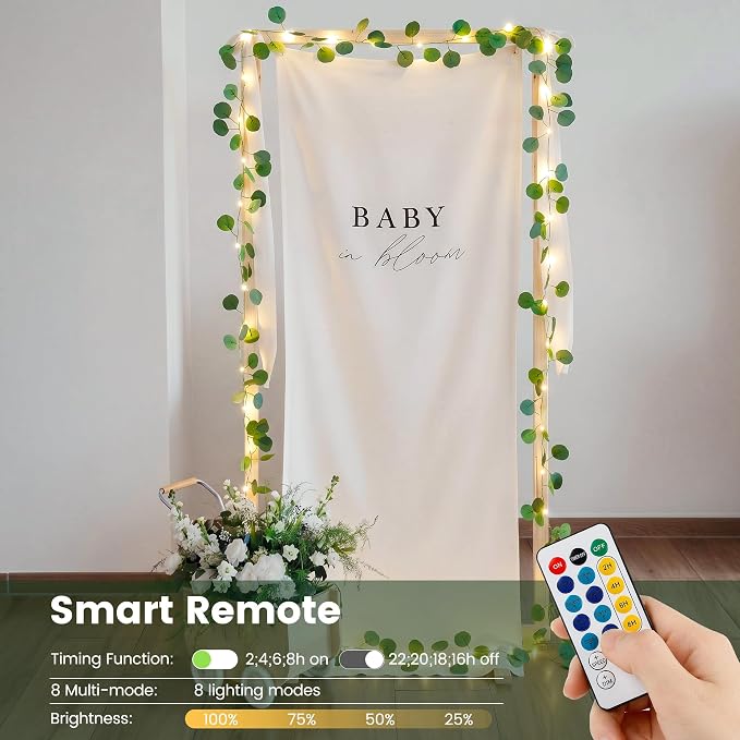 HEYFUNi 13FT Eucalyptus Garland with Lights & Remote， USB & Battery | 40 Warm White LEDs, Fake Eucalyptus Vine with Fairy Lights, Timer, 8 Modes, Dimmable For Bedroom Wall, Dorm, Wedding Decor