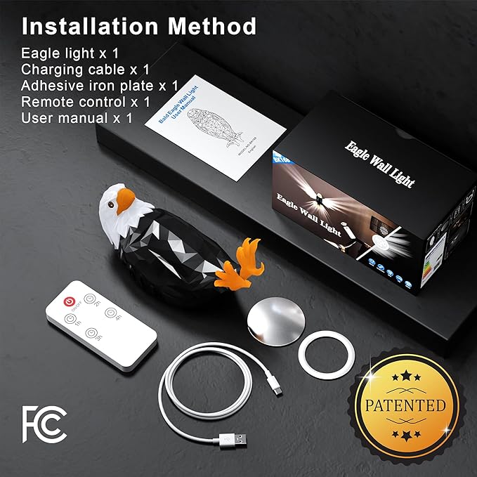 Bald Eagle Wall Light with Remote Control - Magnetic Mounted American Eagle Lamp, Battery Operated and Removable Charging for Indoors