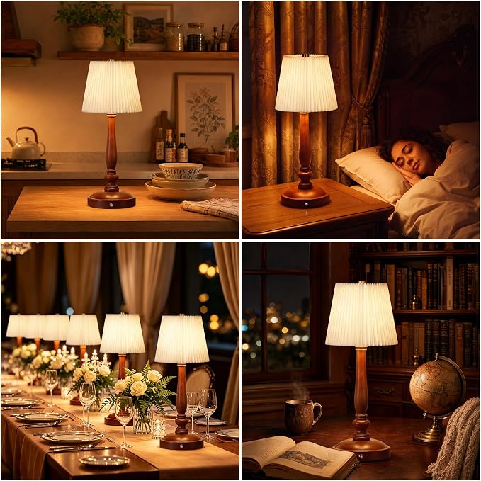 15.5'' Wireless Table Lamp, 5400mAh Rechargeable Small Bedside Lamp, White | Wood Base, Fabric Lampshade, Built-in LED, 3 CCT, Stepless Dimming, Memory Function, Nightstand Lamp for Bedroom, Living Room