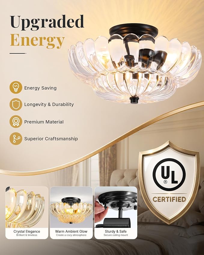 Semi Flush Mount Ceiling Light Fixture 14" Vinatge Black Ceiling Lights Mid Century Modern Clear Glass Close to Ceiling Lighting Fixtures for Bedroom Hallway Kitchen Laundry Room Bathroom