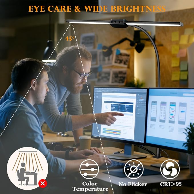 LED Desk Lamp for Home Office, Double Head Computer Monitor Light with Clamp, 5 Color Modes and 3 Brightness Levels, Long Flexible Goose-Neck, USB Eye-Caring Clip on Lights for Reading, Black