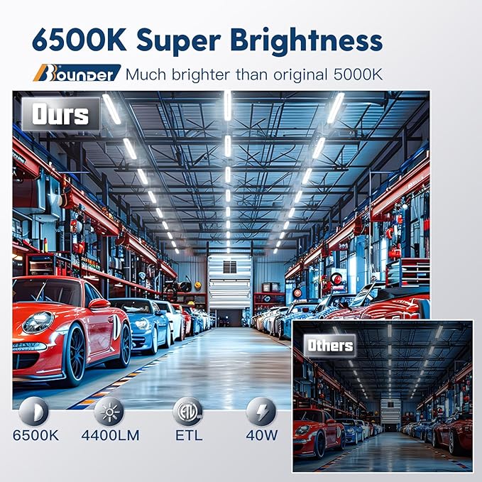 BBOUNDER 4 Pack Linkable LED Utility Shop Light, 4400 LM, Super Bright 6500K Cool Daylight, 4 FT, 48 Inch Integrated Fixture for Garage, 40W Equivalent 250W, Surface + Suspension Mount, White