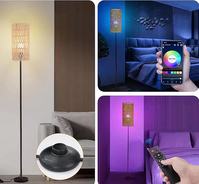 Ruiever Smart Floor Lamp for Living Room,Gaming - Remote, Timer Floor lamp with Remote, APP Control & RGB Standing lamp with Hand-Worked Rattan Shade Bluetooth Bulb Included (Bluetooth Bulb)