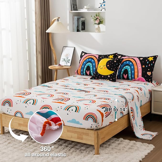 A Nice Night Bedding 6 Pcs Cartoon Rainbow Bedding Set with Smile Moon Printed for Boys Girls Bed Comforter Sets (Black, Twin)