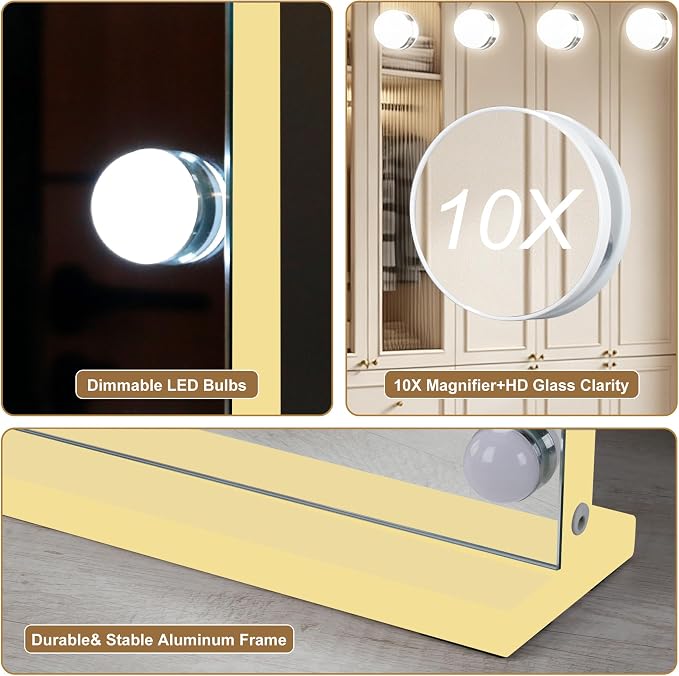 Ratsamee Gold Hollywood Vanity Mirror with Lights, 17 Dimmable Bulbs, 3 Color Lights,Make Up Lighted Mirror, Aluminum Metal Frame, USB Charging Port（28" x 20"）