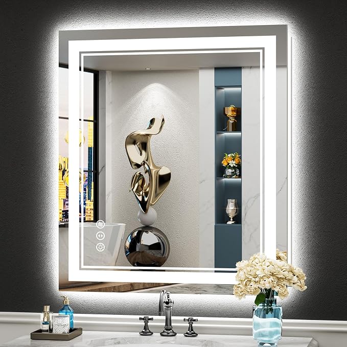 28x32 LED Bathroom Mirror, Backlit & Front Lit Lighted Mirror | Anti-Fog Vanity Mirror with Lights, 3 Color Dimmable, Memory, HD Tempered Glass, CRI95, IP54, UL Listed, Horizontal/Vertical