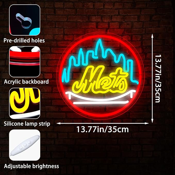Baseball Neon Sign for Wall Decor NY Baseball Team Neon Light for Man Cave | Dimmable Led Neon,Fans Birthday Baseball Gifts,5V USB Powered, Men's Bedroom,Sport Bar Decor,Club,Garage Wall Art,13.5*13.5in
