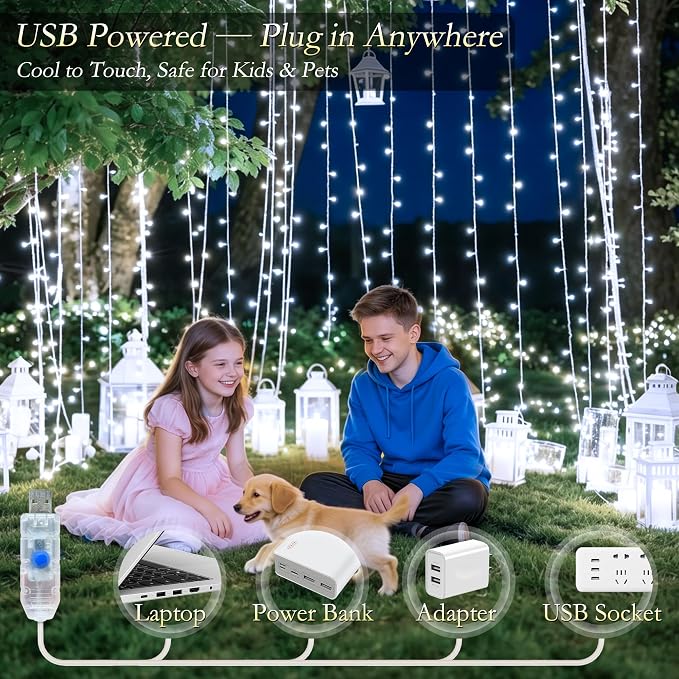 Curtain String Lights Indoor, 200LED 6.6 * 6.6FT USB Plug-in Window Curtain Lights with Timer and 8 Modes, Waterproof Cool White Curtain Fairy Lights for Bedroom Room Wedding Outdoor Decor
