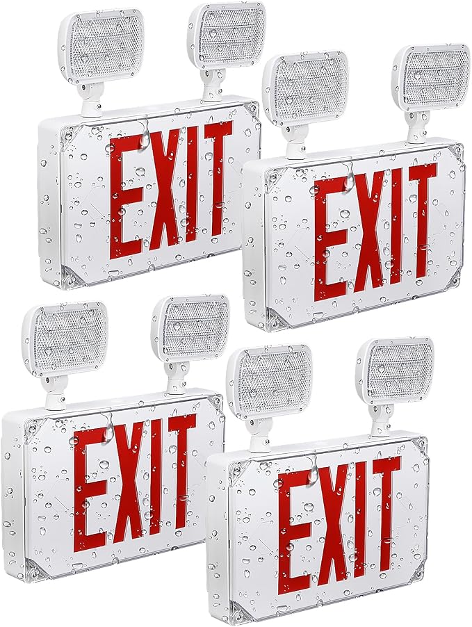 LEONLITE 4-Pack Wet Location LED Exit Sign with Emergency Lights White | UL Listed, AC 120/277V, Outdoor Hardwired Red Letter Exit Light with Battery Backup, 2 Dual Heads, Double Face