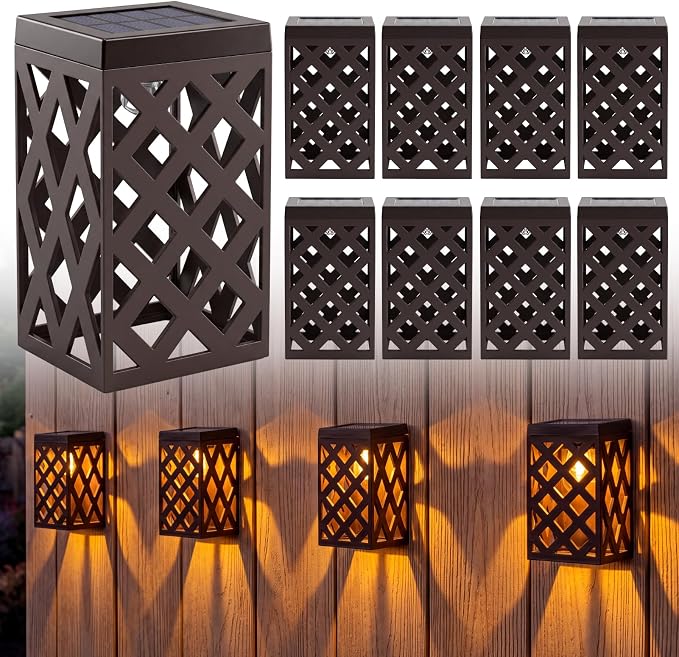 Solar Fence Lights Outdoor, 8 Pack Decorative Solar Lights with Warm Glow | Auto On at Dusk, IP65 Waterproof, No Wiring Accent Lighting for Fence, Patio, Deck, Walkway & Porch