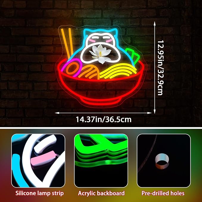 Ramen Neon Sign for Wall Decor Bear Noodle LED Light for Man Cave | Dimmable ramen neon light, bedroom, restaurant bar kitchen cafe decor, birthday gifts for men, size 14.3*12.9 in