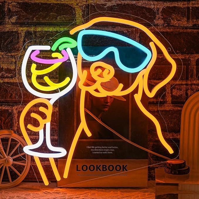 Dachshund Cocktail Neon Sign for Wall Decor Dog Drinking Cocktail Neon Light Bar Led Sign Pet Noen Light Sign for Bar Wine Cellar Dog Kennel Pet Store Decoration