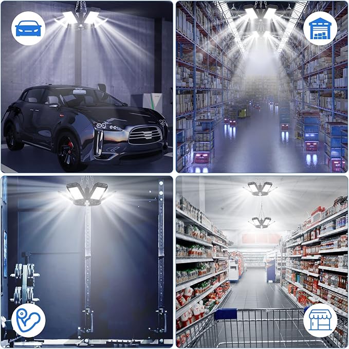 LED Garage Lights 4 Pack -180W, 18000LM 6500K Led Shop Light with 6+1 Deformable Panels, Basement Barn Light Garages Ceiling Lights, E26/E27 for Garage, Warehouse, Shop, Basement