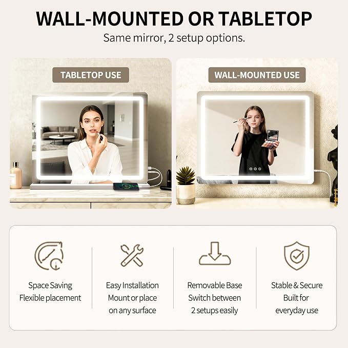 ROLOVE 23"x 18" Large Vanity Mirror with Lights, LED Makeup Mirror for Dresser and Desk, 10X Magnification, Dimmable Touch Control, Wall Mounted or Tabletop Mirror for Bedroom (White)