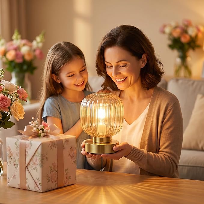 Elenhome Amber Touch Glass Table Lamp, 3-Way Dimmable Bedside Lamp, Vintage Mid-Century Modern Small Nightstand Lamp for Bedroom and Living Room, Ambient Mood Lighting, LED Bulb Included