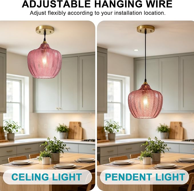 Pink Glass Pendant Lights Kitchen Island Gold Hanging Ceiling Light 9.45" | 1 Pack, Adjustable height, Dimmable, E26 bulbs, Rust-resistant Damp Rated For Bathrooms, 5-Year Warranty, UL Certification