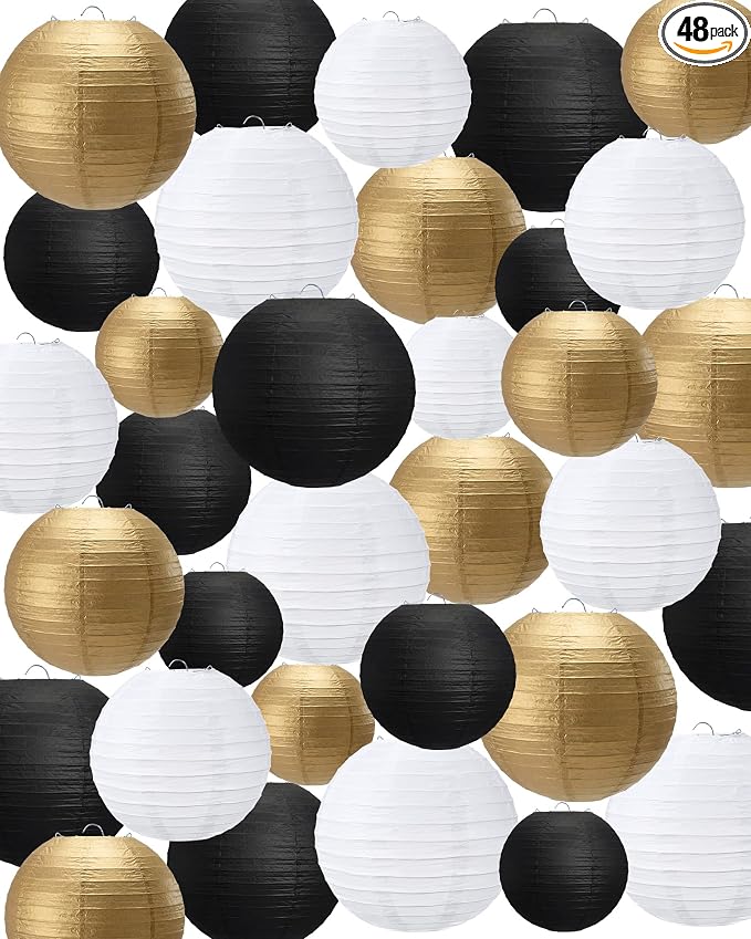 Treela 48 Pcs Paper Lanterns Party Decorations Round,Gold,Black,White