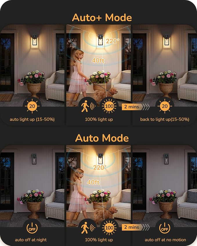 EDISHINE Porch Lights with Outlet, 12" H Motion Sensor & 3 Modes Modern Outdoor Wall Lights, Dusk to Dawn Exterior Lighting Fixtures Waterproof Outside Wall Sconce for Patio, Doorway, Garage, 2 Pack