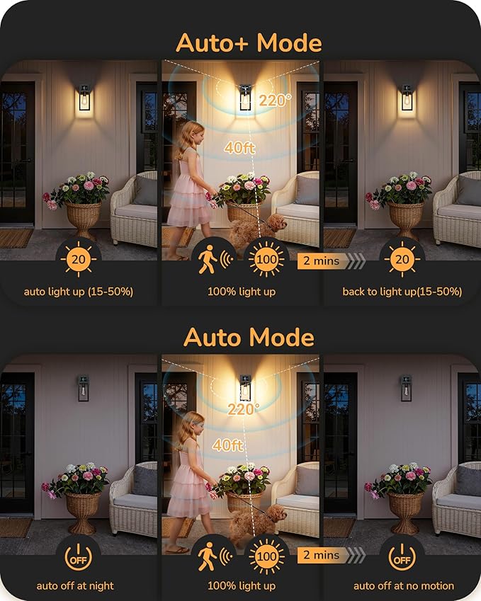 EDISHINE Porch Lights with GFCI Outlet, Motion Sensor & 3 Modes Modern Outdoor Wall Lights, 12" H Dusk to Dawn Exterior Light Fixture Waterproof Wall Lantern for Front Door, Garage, Black