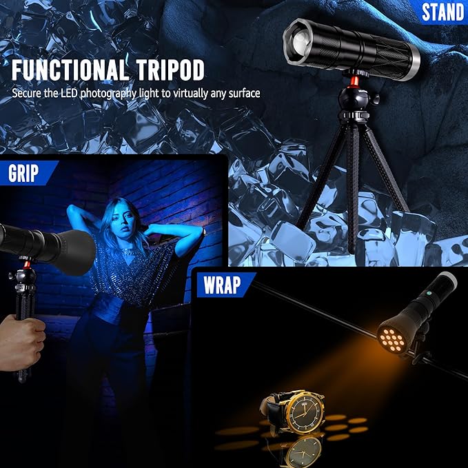 NiceVeedi 4-Color Handheld Photography Lighting Kit with 15 GOBO Filters & Tripod, 6000mAh Rechargeable Photography Flashlight with Diffusion, Zoomable Lighting for Video Recording/Sunset
