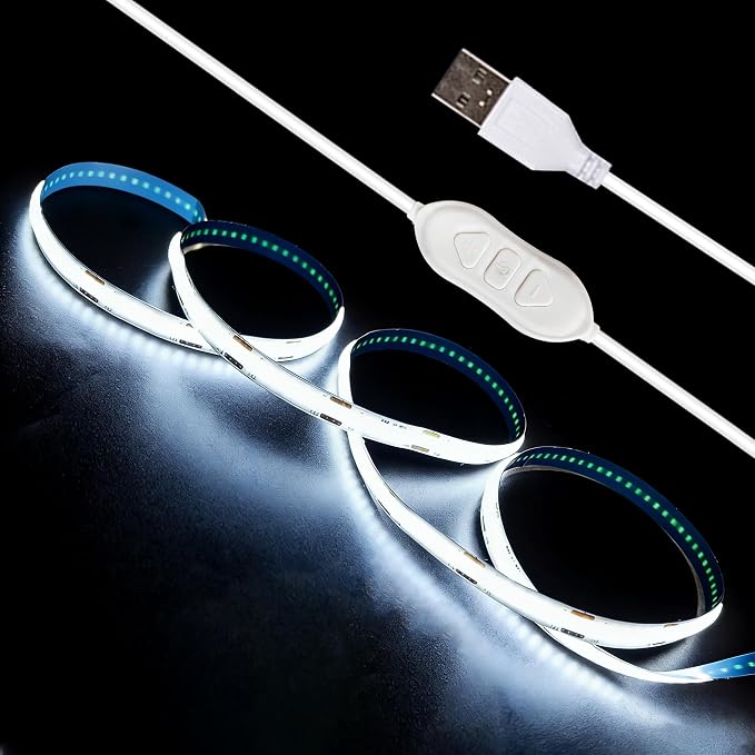 5V USB LED Strip Lights 6.56FT, 3Key COB Light Strip White, Short LED Strip Light, Flexible Bright for Under Cabinet, Kitchen, TV Backlight, Shelves, Displays and TV Lights