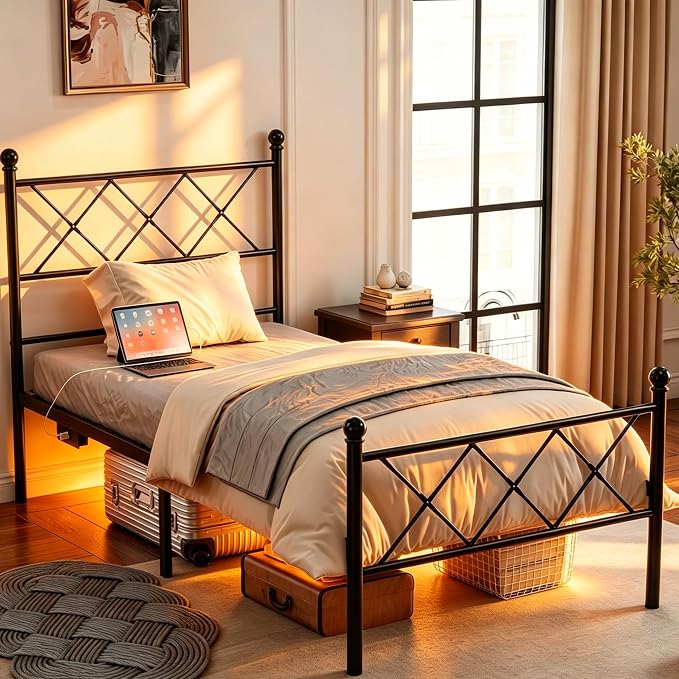 VINGLI Twin Bed Frame with LED Lights & Charging Station, Metal Platform Bed Frame with Headboard, USB Ports, Under Bed Storage, Noise Free, No Box Spring Needed, Easy Assembly, Black