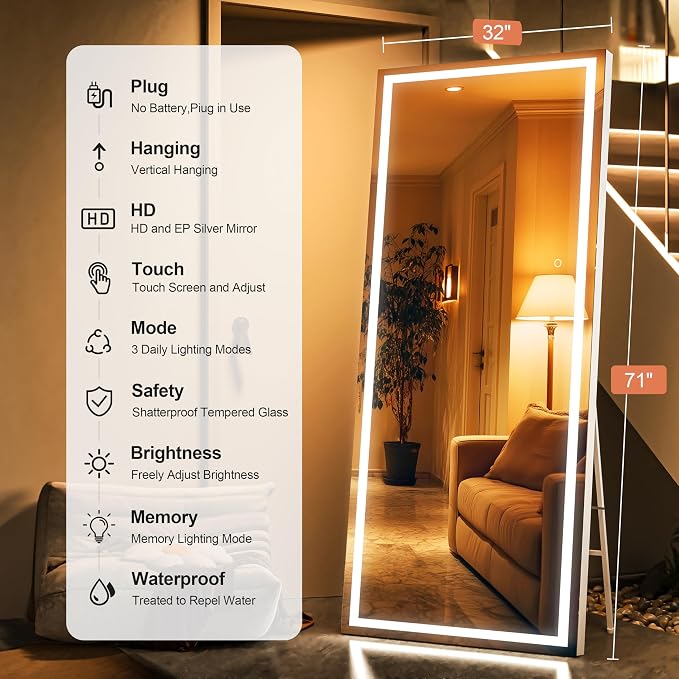 71" x 32" Full Length Mirror with Lights, LED Lighted Floor Standing Body Mirror, Dimmable & 3 Color Lighting for Bedroom, Cloakroom, Dressing Room, Tempered Glass, White Frame