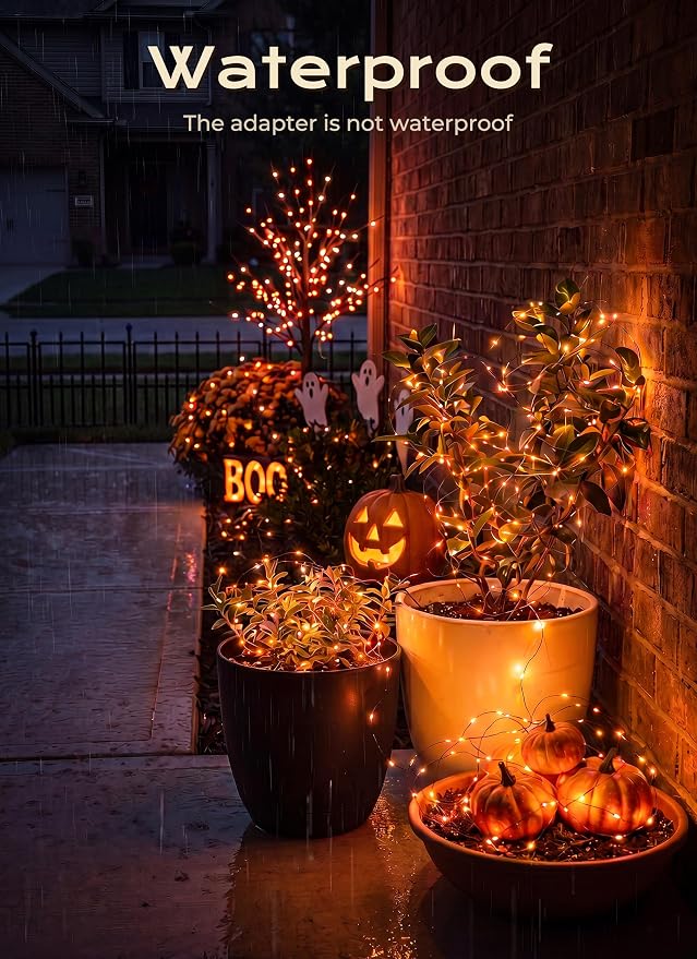Orange Fairy Lights Plug in, Thanksgiving Fall Decorations, 33FT 100LEDs Halloween String Lights, Waterproof Black Wire Lights for Home Party Ghost Haunted House Indoor Outdoor Halloween Decorations