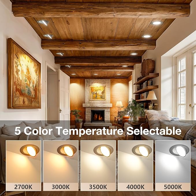 Amico 6 Pack 6 Inch 5CCT Gimbal LED Recessed Lighting, 360°&90° Adjustable Eyeball Directional Downlight, Dimmable, 2700K/3000K/3500K/4000K/5000K Selectable, CRI90+ 12W 1200LM, Black, ETL&FCC