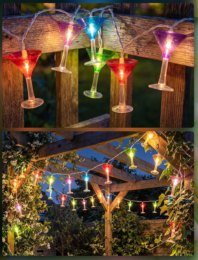 10 LED Cocktail Glass Lights, 8.5Ft Tropical Beach Camping String Lights | Plug in, Multicolor Margarita Drink Cup, Summer Hawaiian Outdoor Decor for Camping Tent Holiday Party Garden