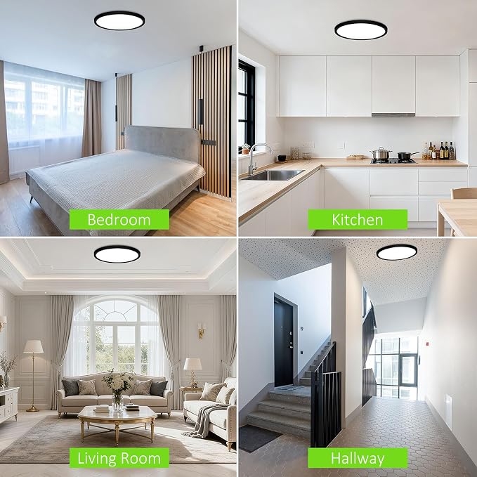 6Pack LED Flush Mount Ceiling Light, 7 Inch 1500LM 15W Thin Round Ceiling Light Fixture, 3000k/4000k/6500k 3 Color Adjustable Ceiling Lamp for Bathroom,Closet,Hallway, Wired(Black)