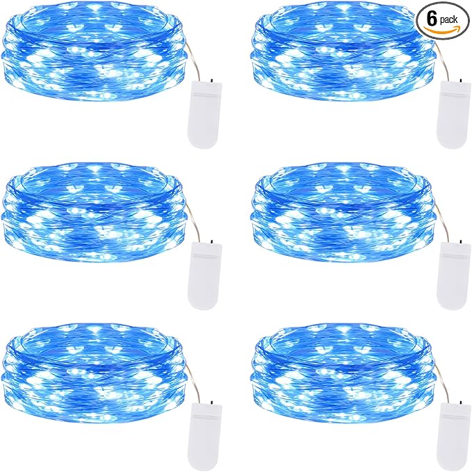 Lakumu 6-Pack Fairy Lights Battery Operated String Lights-7FT 20 LED,Waterproof Silver Wire Firefly Lights for Mason Jars DIY Bedroom Wedding Party Centerpiece Table Decor, Blue