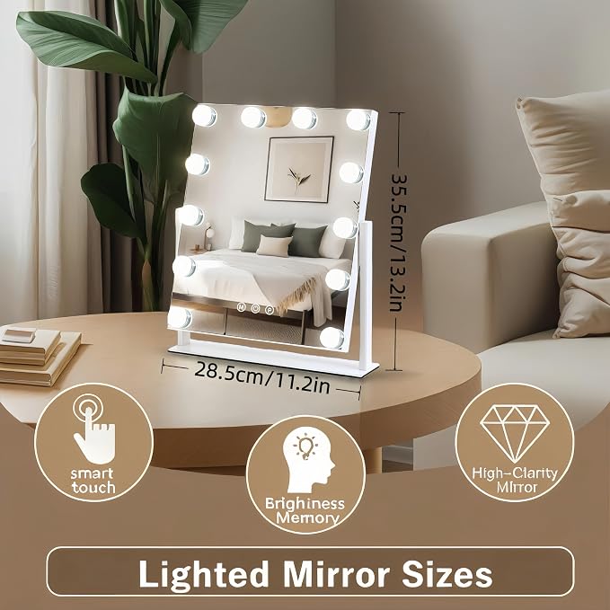 Vanity Mirror with Lights, 13'' x 11'' Lighted Makeup Mirror for Desk, Hollywood Mirror with 12 Dimmable Bulbs, 3 Color Modes, Smart Touch Control, 360°Rotation, Gifts for Girls, Women, Wife