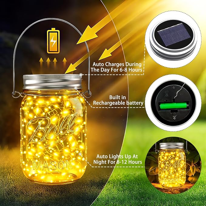 Mason Jar Solar Lights for Outside, 12 Pack 30 LED(NO JARS) Fairy Firefly Lights Mason Jar Solar Lids Outdoor Waterproof String Lights with Hangers for Patio Garden Yard Lawn Decor - Warm White