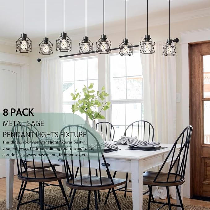 8-Pack Hanging Pendant Light Fixtures, Farmhouse Kitchen Island Light Fixture, Industrial Hanging Pendant Lighting for Dining Room Bedroom Hallway, Black Metal Cage Pendant Lamp, E26 Base