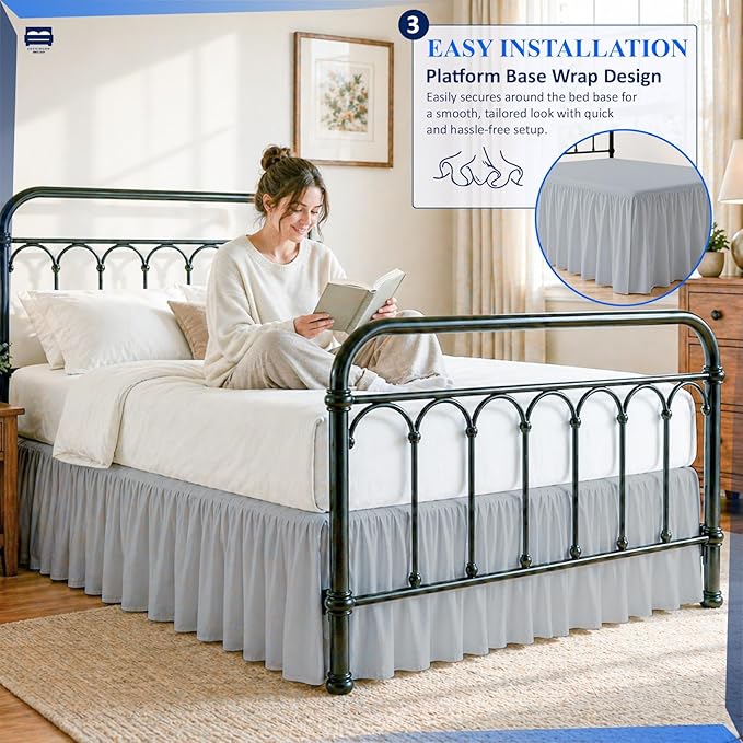 Ruffled Bed Skirt with Split Corners-Dust Ruffle - 21" Drop 100% Microfiber Soft,Sheen & Luxurious Look - Bed Skirts (Light Grey -Queen)