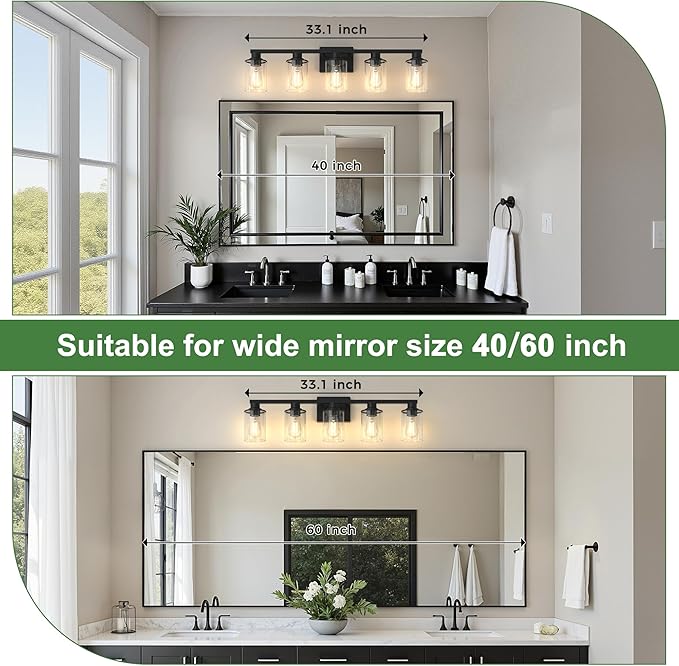 DORESshop Bathroom Light Fixtures, 5-Light Black Bathroom Lighting Fixtures Over Mirror with Clear Glass Shade, Vanity Lights for Hallway Living Room Bedroom