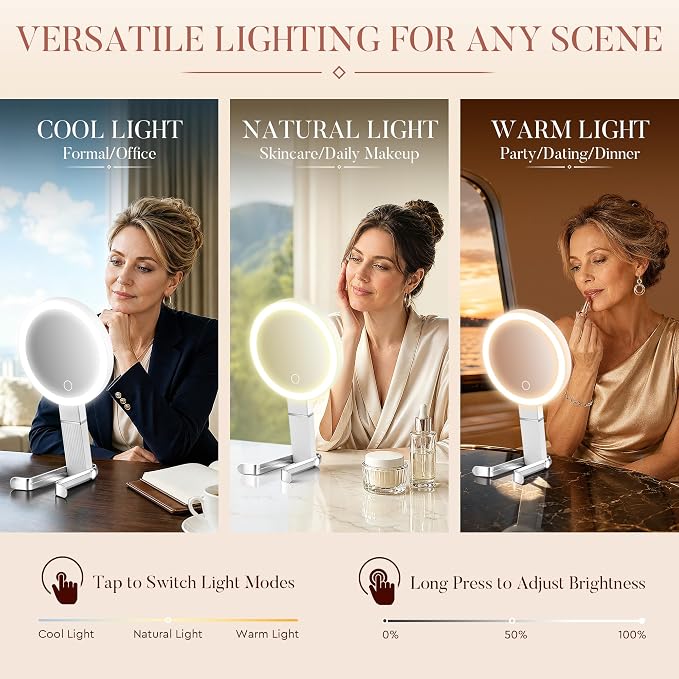 MIYADIVA Upgraded Gen 2 Travel Makeup Mirror with Lights, Height Adjustable 30X/1X Magnifying Mirror, Portable Foldable Mirror with Digital Display & Phone Holder, Handheld Tabletop Hanging