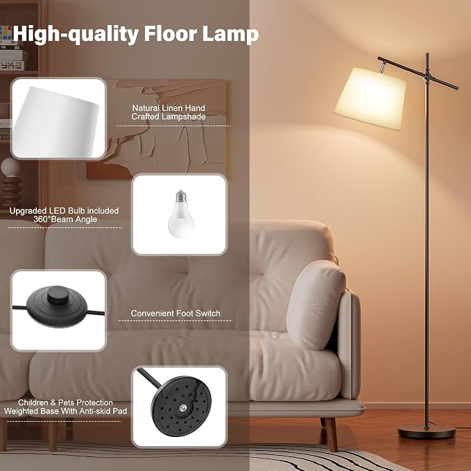 Floor Lamp with Linen Shade, Dimmable Tall Standing Lamp with Remote Control & 3 Color Temperatures Bulb, Modern Swing Arm Floor Lamps for Living Room Bedroom Office Corner