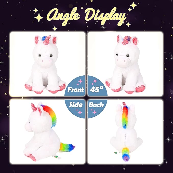 Hopearl LED Plush Unicorn Lighting Up Stuffed Animal Floppy Night Lights Glow in The Dark Birthday Festival for Kids Toddler Girls, White, 13''