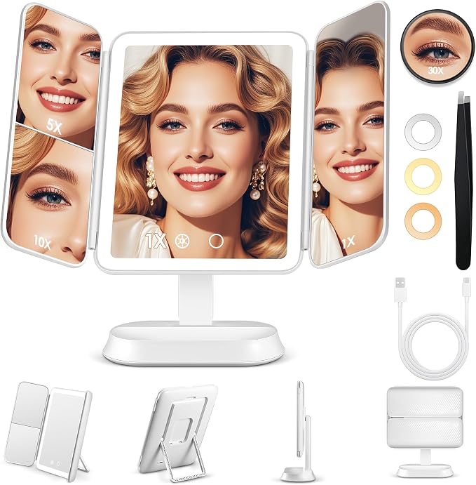 Makeup Mirror with Lights and 30X/10X/5X Magnification, Vanity Mirror with 3 Color Lights, Rechargeable, Detachable, Lighted Makeup Mirror with Magnification, Trifold Mirror, Gifts for Women