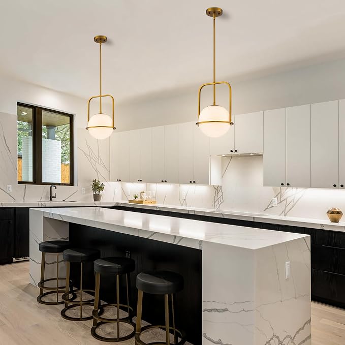 Brass Pendant Light Kitchen Island, 1-Light Modern Hanging Light Fixture, Adjustable Height Ceiling Light with Frosted Glass Globe, E26 Base, Dining Room, Entryway, Bedroom Lighting, ETL Listed