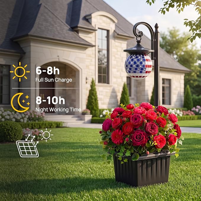 Solar Lamp Post Light with Planter, Patriotic Mosaic Outdoor Lantern Decor | Warm White LED Light, Dusk to Dawn, IP44 Waterproof, 4 Solar Panels, No Wiring Required, Energy Saving, Porch, Patio, Garden.
