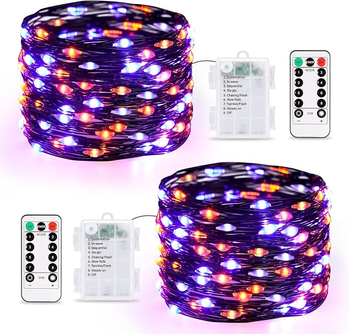 JMEXSUSS 2 Pack Orange and Purple Halloween Lights Battery Operated | Total 200 LED 66ft, Halloween Fairy Lights with Remote, 8 Modes Twinkle Lights for Fireplace Porch Tree Centerpiece Wreath