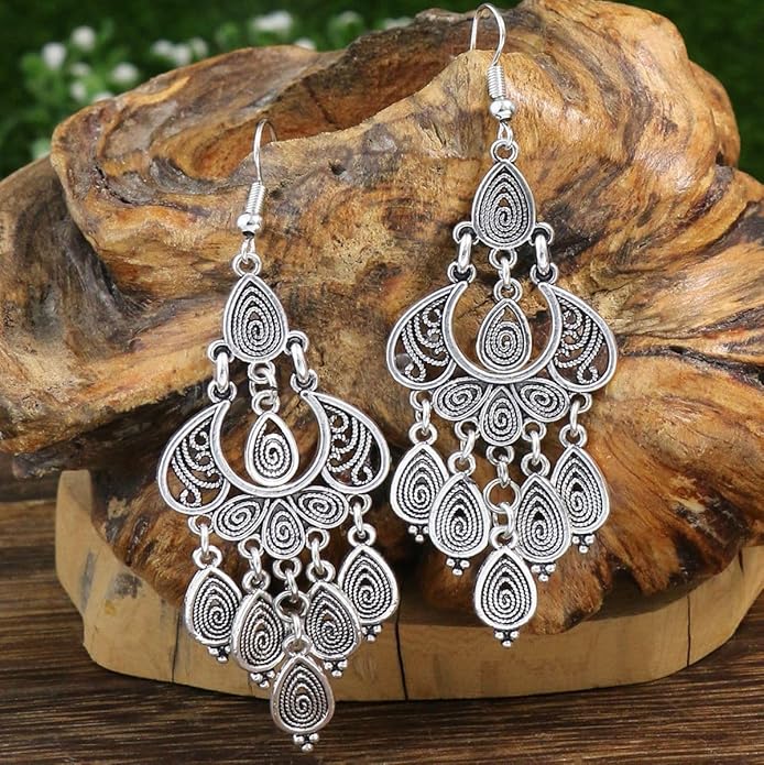 Unique Bohemian Vintage Bronze Chandelier Teardrop Flower Geometry Dangle Drop Earrings For Women