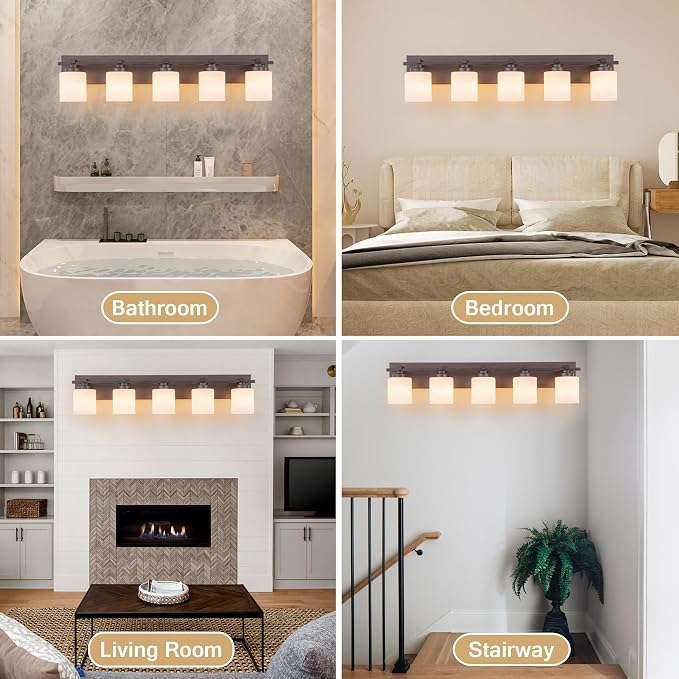 Modern Bathroom Light Fixtures Over Mirror, Vanity Lights for Bathroom Wall Sconces with Milky White Glass Shades, E26 Socket (Bulbs Not Included), 5 Light, Oil Rubbed Bronze